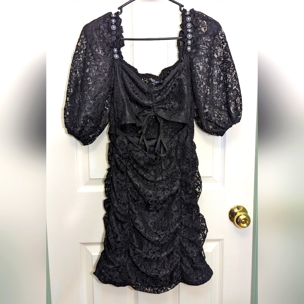 NWT nastygal black lace ruffled party dress with pearl shoulder cuffs -size US 6